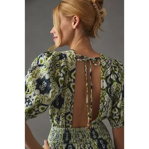 New Anthropolgie X THE ODELLS Smocked Puff-Sleeve Dress Size Large - Picture 5 of 9